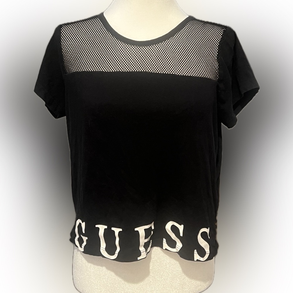 GUESS Black Short Sleeve Top with Mesh Accent